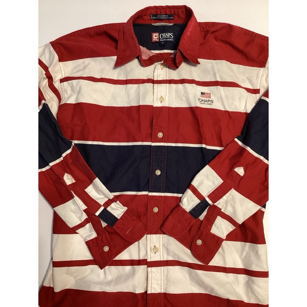 Vintage Chaps Ralph Lauren Button Down Size Medium Striped Red Blue - Picture 3 of 4